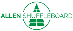 Allen Shuffleboard Logo- shuffleboard triangle in a circle with the words Allen Shuffleboard